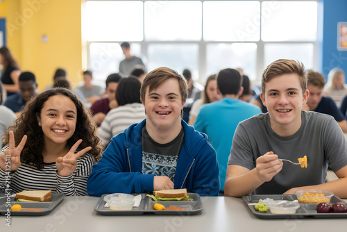 Diverse students smiling having lunch in school cafeteria