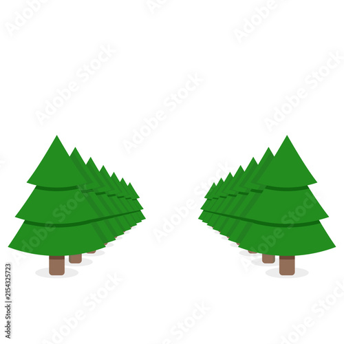 Row of stylized green Christmas trees forming a symmetrical forest aisle on a white background