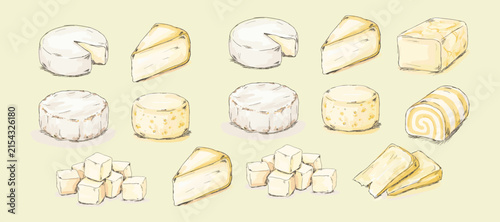 Set of different types of cheese, hand drawn illustration of various cheese wheels, wedges, cubes and slices light yellow background