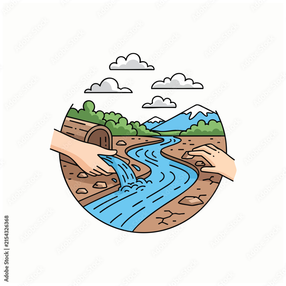 Fototapeta premium Minimalist circular vector illustration with human hands pouring water into a mountain river landscape, concept for environmental protection and water pollution awareness, ideal for ecology campaigns