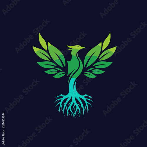 Green phoenix bird made of leaves and roots