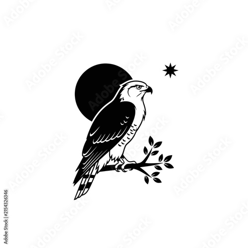 Hawk silhouette perched on branch against full moon