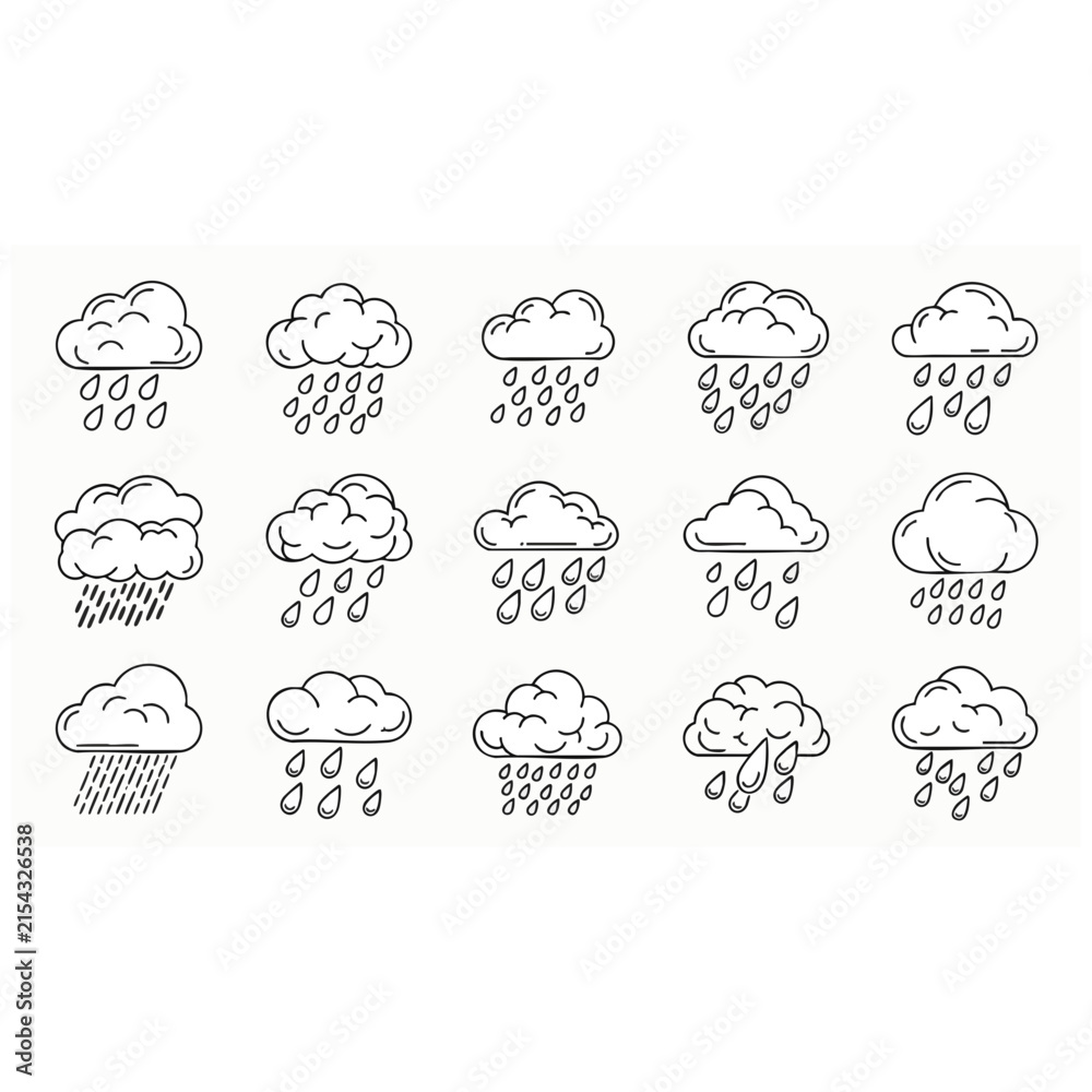 Obraz premium Hand-drawn rain cloud icons with minimalist monochrome doodle raindrops on clean background, bad weather forecast symbol collection for mobile apps, educational graphics, and seasonal UI design