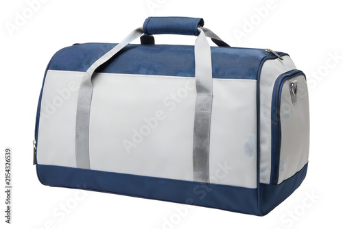 Stylish blue and white duffel bag on a black background offering convenient travel and gym storage solutions