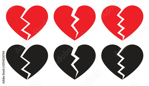 Set of red whole and broken heart shaped symbols. Collection of different romantic vector heart icons for web site, sticker, love logo and Valentines day.
