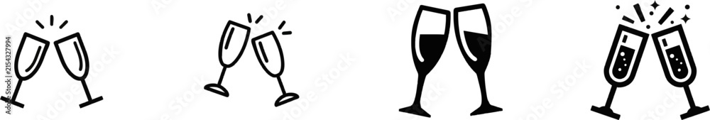 Fototapeta premium A premium black and white flat vector icon of clinking champagne flutes, solid black lines and fills, modern UI style, exclusive minimalist design, isolated on a pure white background