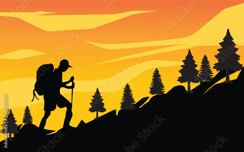 Hiker with Backpack and Trekking Pole Walking on an Outdoor Adventure
