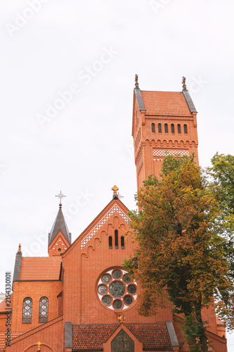 Historic brick church with Gothic architecture