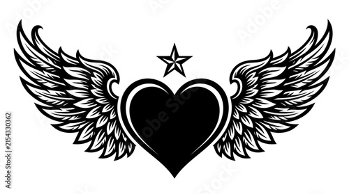Winged Heart Black Silhouette with Star - Love Symbol