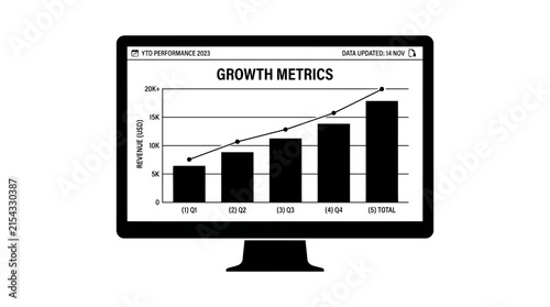 Computer Screen Displaying Upward Trend Growth Metrics Bar Chart and Line Graph
