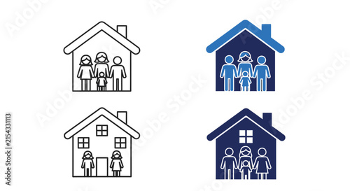 Family inside house home icons set.