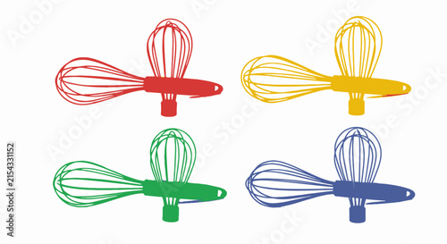 Four colorful kitchen whisk utensil flat icons.