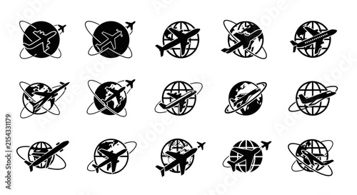 Global flight icons with black airplane silhouettes