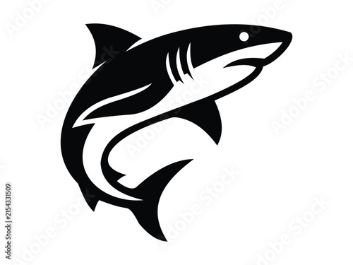 A stylized black and white graphic illustration of a jumping shark created in a bold artistic vector style and isolated on transparent background