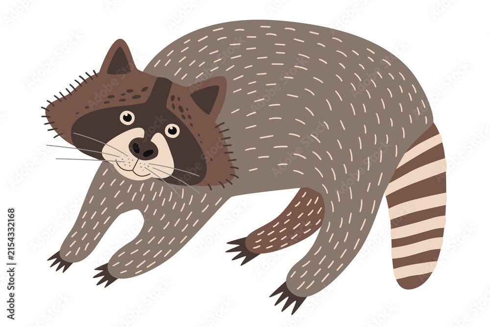 Obraz premium Raccoon walking with striped tail and patterned fur. Flat animal illustration isolated on transparent background. Woodland wildlife concept. Design for poster, print, sticker, wallpaper, card
