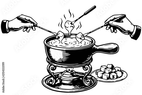 Vintage Cheese Fondue Illustration - Hands Dipping Bread