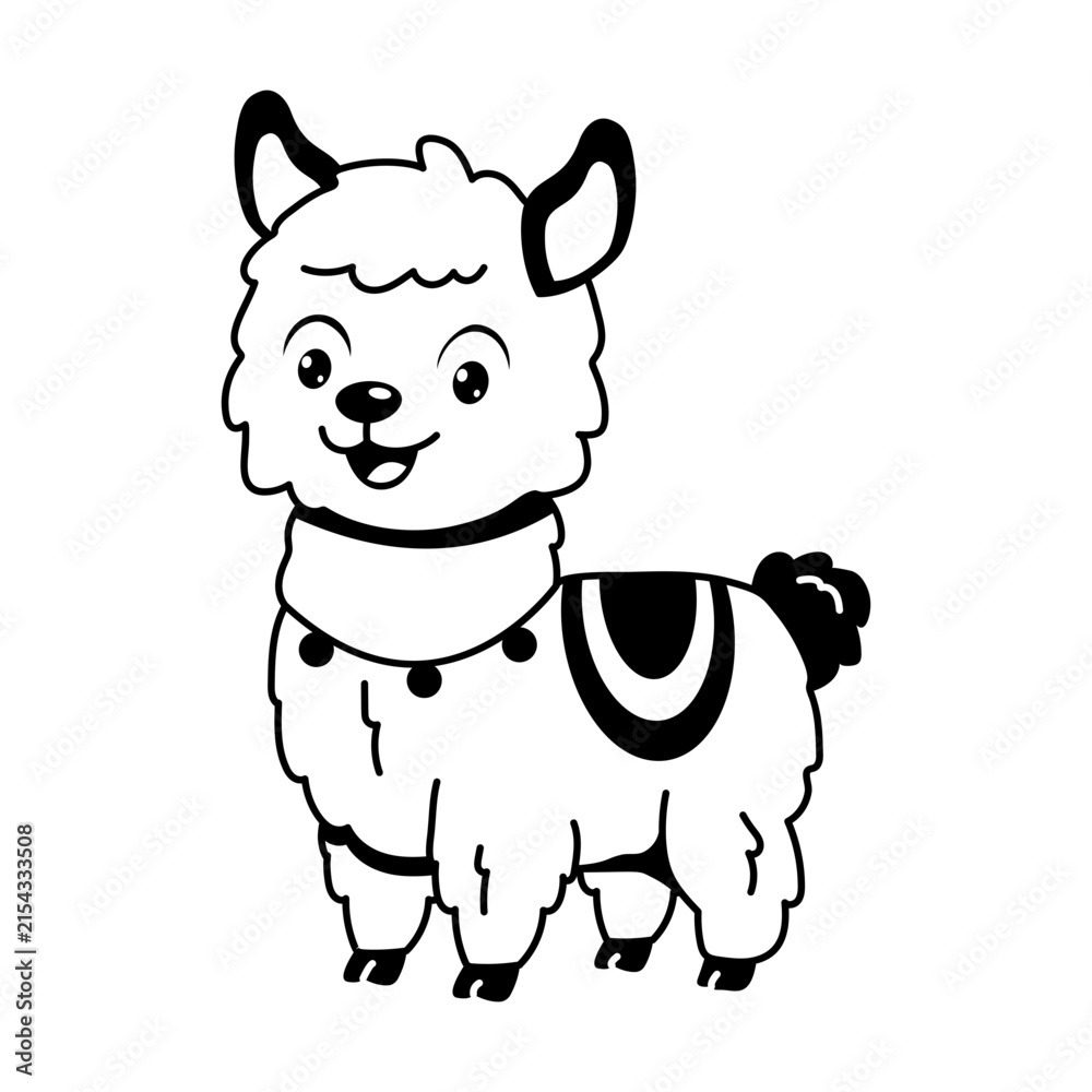 Naklejka premium A fluffy cream llama stands calmly in a glyph decorative blanket, presenting a gentle farm animal mascot with a sweet and cheerful cartoon expression.