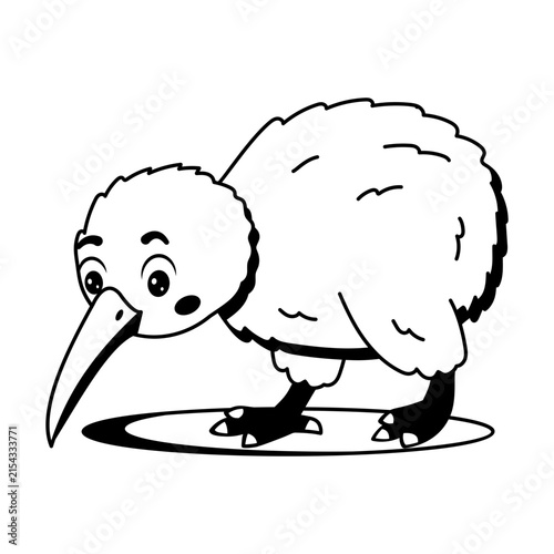 Canvas Print A fluffy brown cartoon kiwi bird bends forward with its long yellow beak, presenting a curious flightless bird character with a cute and rounded appearance