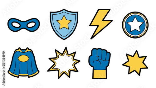 Superhero icons featuring blue and yellow costume elements, heroic accessories, power symbols, and comic-inspired vector illustration design