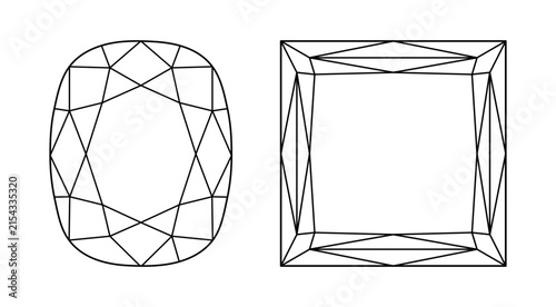 Cushion, Princess diamond cut shape. Design diagram. Diamond top view. Princess, Cushion brilliant cuts set. Gemstone outline icon for jewellery design, branding, packaging, logotype, digital graphic.