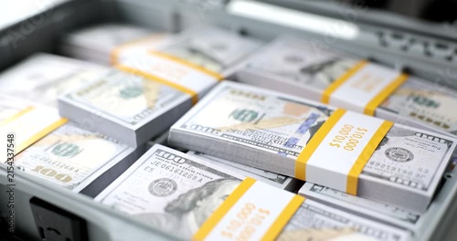 Bundles of cash neatly arranged in a sturdy case glow under the bright lights, showcasing the allure of wealth in a vibrant urban setting during the day.