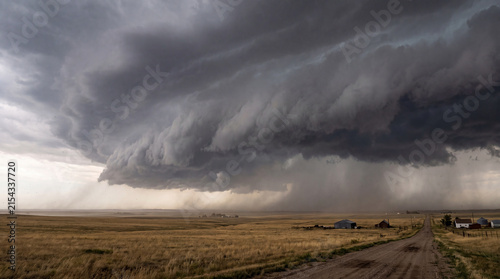 Majestic supercell thunderstorm with a massive, dark shelf cloud looming over a vast, flat prairie landscape.