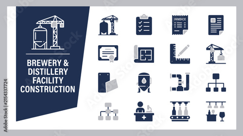 Brewery and distillery facility construction engineering icons and vector symbols
