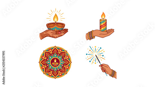 Diwali Festival Elements, Hands Holding Diya Candle Sparkler and Rangoli Mandala Illustrations

