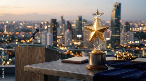 A Golden Star Trophy on a Rooftop: A gleaming golden star trophy rests on a table at a rooftop venue overlooking a sprawling cityscape at dusk, symbolizing excellence and achievement.