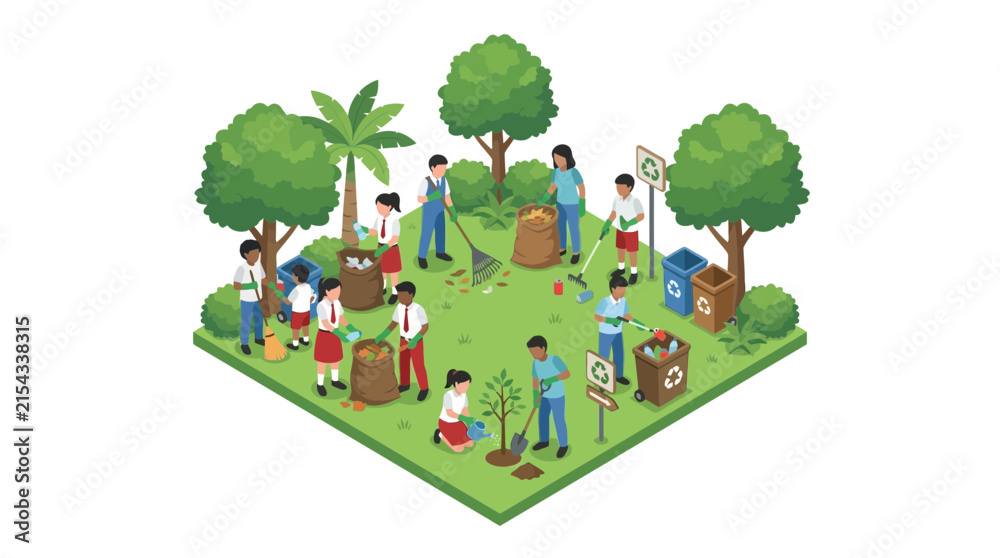 Fototapeta premium Isometric community cleanup and tree planting activity.