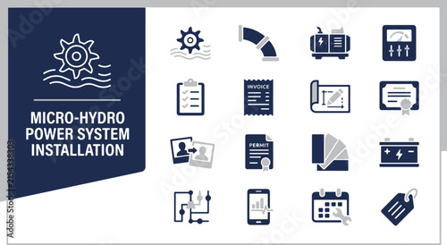 Professional Icon Set for Micro-Hydro Power System Installation and Sustainable Energy Project Management