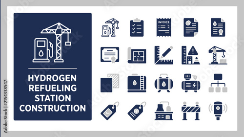 Hydrogen Refueling Station Construction Icon Set with Industrial Fuel Tank and Crane Symbols