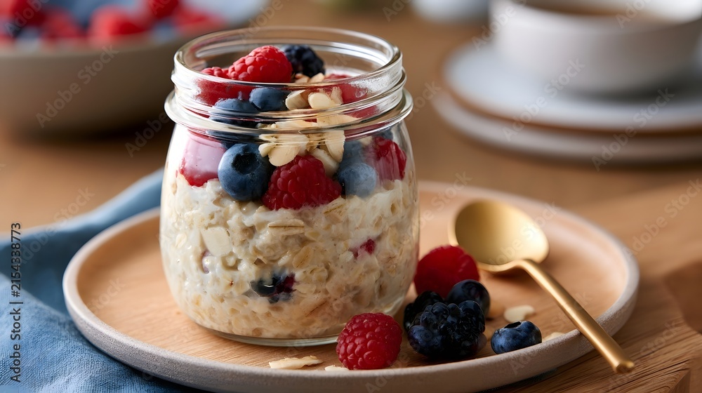 Obraz premium A glass jar filled with overnight oats topped with fresh berries and sliced almonds on a wooden plate