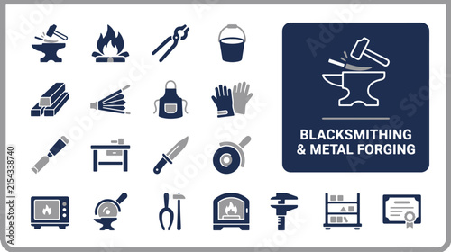 Blacksmithing and metal working icons set with tools, forge, anvil, knife, protective gear, and workshop equipment