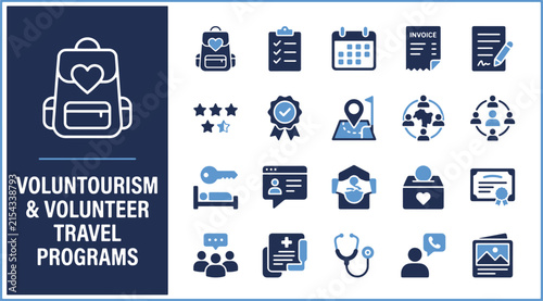 Voluntourism icon set including charity travel community aid global service donation and medical mission symbols