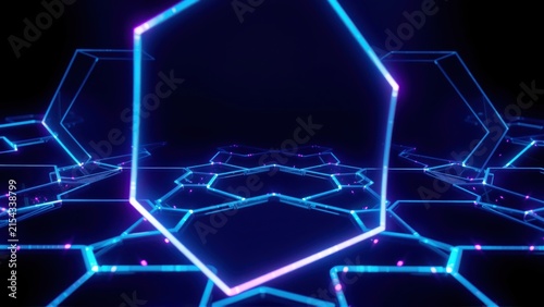 Neon hexagons form abstract landscape. Glowing lines create futuristic, digital scene. Dark background emphasizes bright geometry.