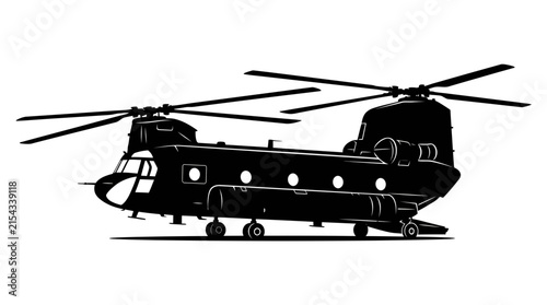 Black Silhouette of a Heavy-Lift Transport Helicopter on White Background