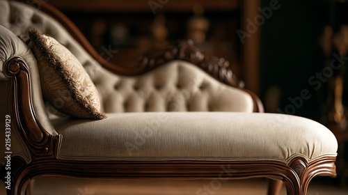 Elegant vintage chaise lounge with ornate wood frame and tufted fabric upholstery.