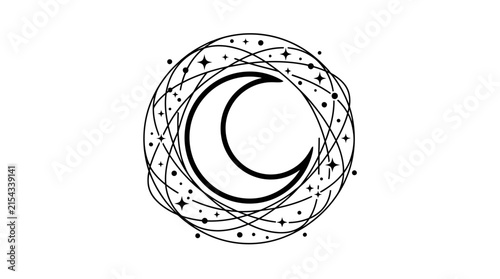 Celestial crescent moon with stars and cosmic swirl, mystic night sky
