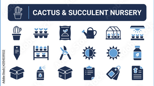 Set of Gardening and Cultivation Icons for Cactus and Succulent Plant Care Services