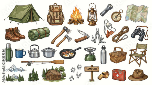Collection of hand-drawn black and white doodle icons representing various outdoor adventure and camping equipment
