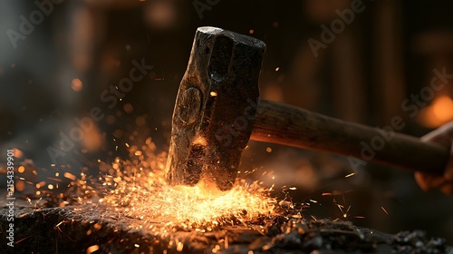 Blacksmith striking hot glowing metal with a heavy steel hammer.