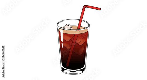 A refreshing cola with ice and a red straw in a tall glass