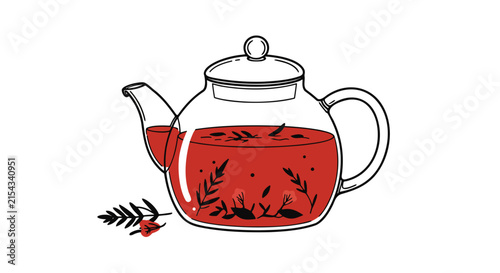 A beautiful glass teapot filled with red tea and decorated with botanical elements, beside a sprig of tea leaves
