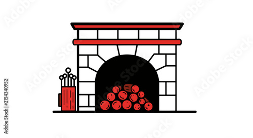 An illustration of a stone fireplace with logs and golf equipment
