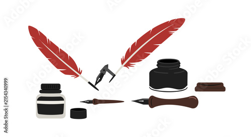 A set of calligraphy writing tools including ink bottles, nibs and feathers