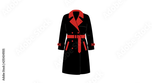 A black trench coat with vibrant red accents, including the collar, belt, and cuffs. The coat features a double-breasted design with button closures and a matching belt that cinches the waist.