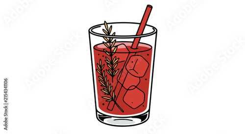 A refreshing cocktail with ice and a sprig of rosemary, garnished with a red straw