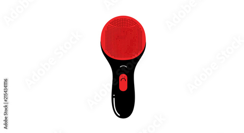 A handheld lint remover with a black handle and a red lint-catching surface