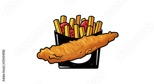 A delicious portion of fish and chips served with ketchup, a classic fast food meal